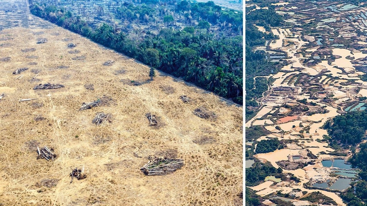 DESTRUIÇÃO - Área desmatada (ao lado) e visão aérea de garimpo ilegal no coração da Amazônia: o afrouxamento da fiscalização multiplicou os danos -