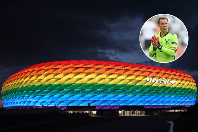 A Allianz Arena com as cores do arco-íris e a faixa de capitão de Manuel Neuer -