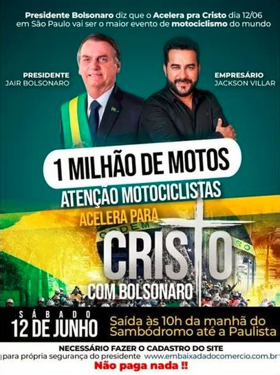 O empresário Jackson Villar e o presidente Jair Bolsonaro em cartaz de divulgação de passeio de moto em sP