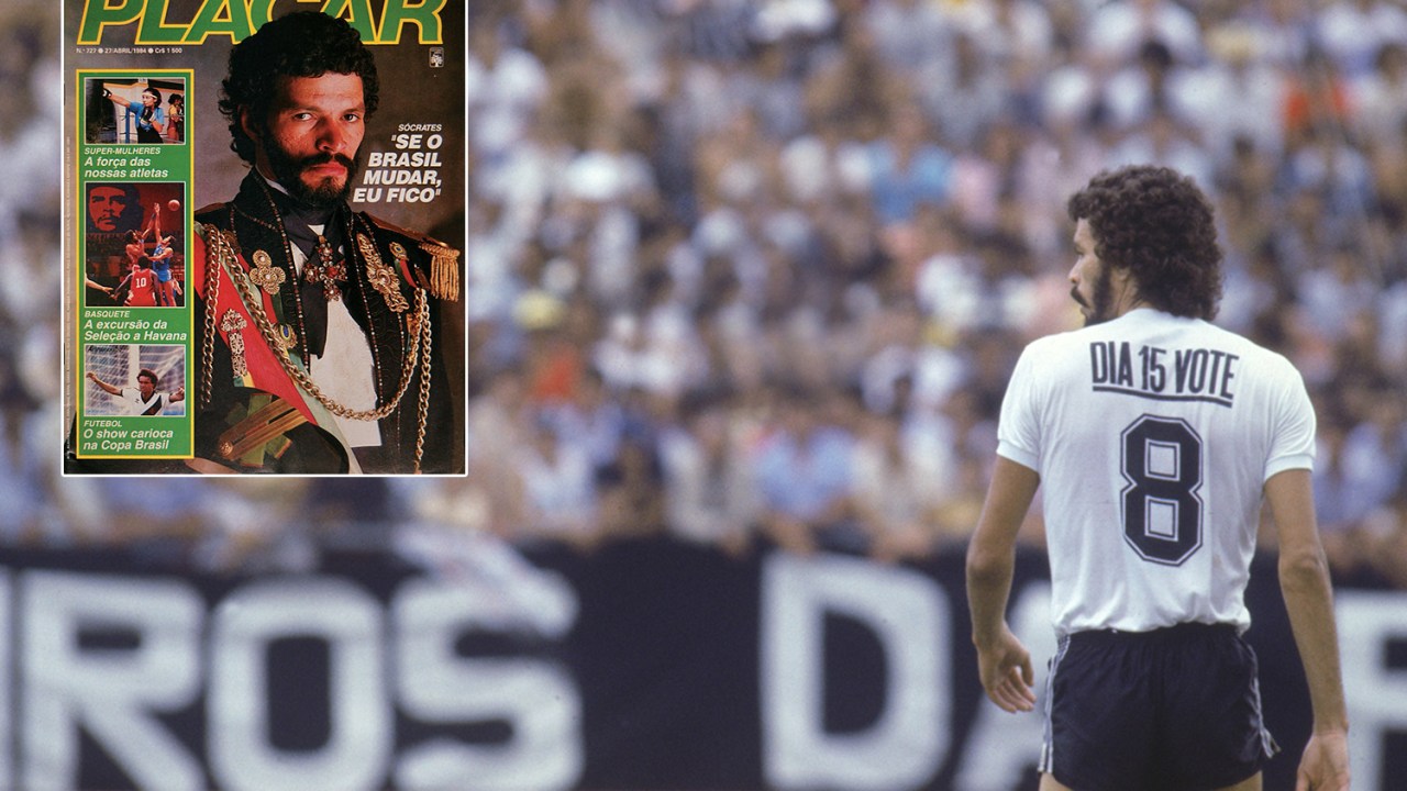 Sócrates, jogador do Corinthians, usando camisa com os dizeres "Dia 15 vote" -