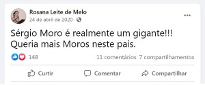 Postagem da médica Rosana Leite de Melo após a demissão de Sergio Moro do Ministério da Justiça