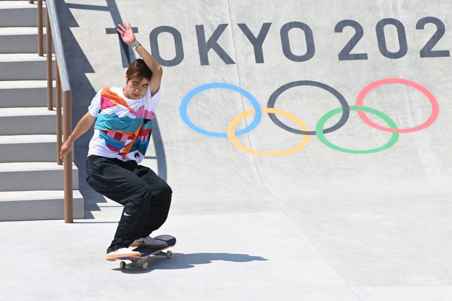 O japonês Yuto Horigome durante sua performance, no Ariake Sports Park Skateboarding -