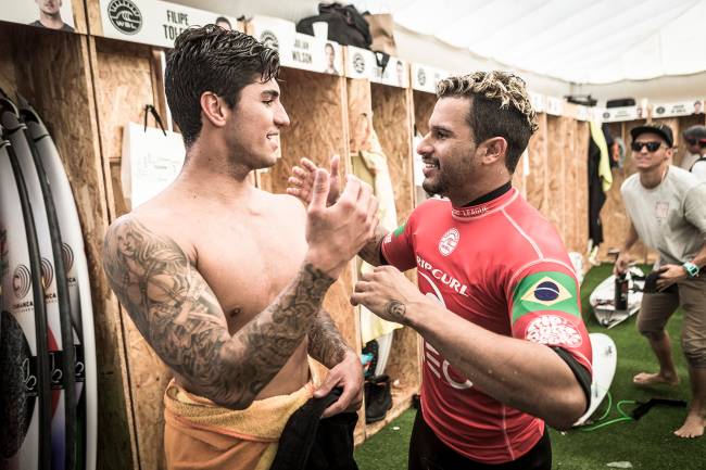 Italo Ferreira (BRA) and Gabriel Medina (BRA) after Italo eliminated Gabriel from the event at the MEO Rip Curl Pro Portugal 2018 (Photo by Damien Poullenot/World Surf League via Getty Images)