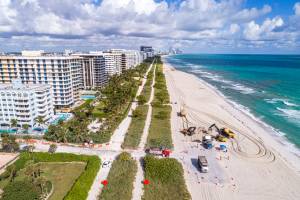 Florida, Miami, Aerial view of beach restoration to fight climate change