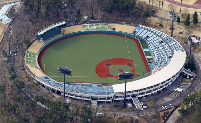 Vista aérea do Azuma Stadium, em Fukushima