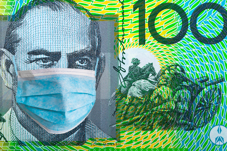 Coronavirus Covid-19. Australia quarantine, 100 dollar banknote with medical mask.