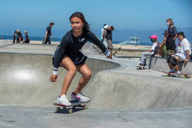 Sky Brown, 12, of Huntington Beach, skateboards at the Venice Beach Skate Park. (Mel Melcon / Los Angeles Times via Getty Images)