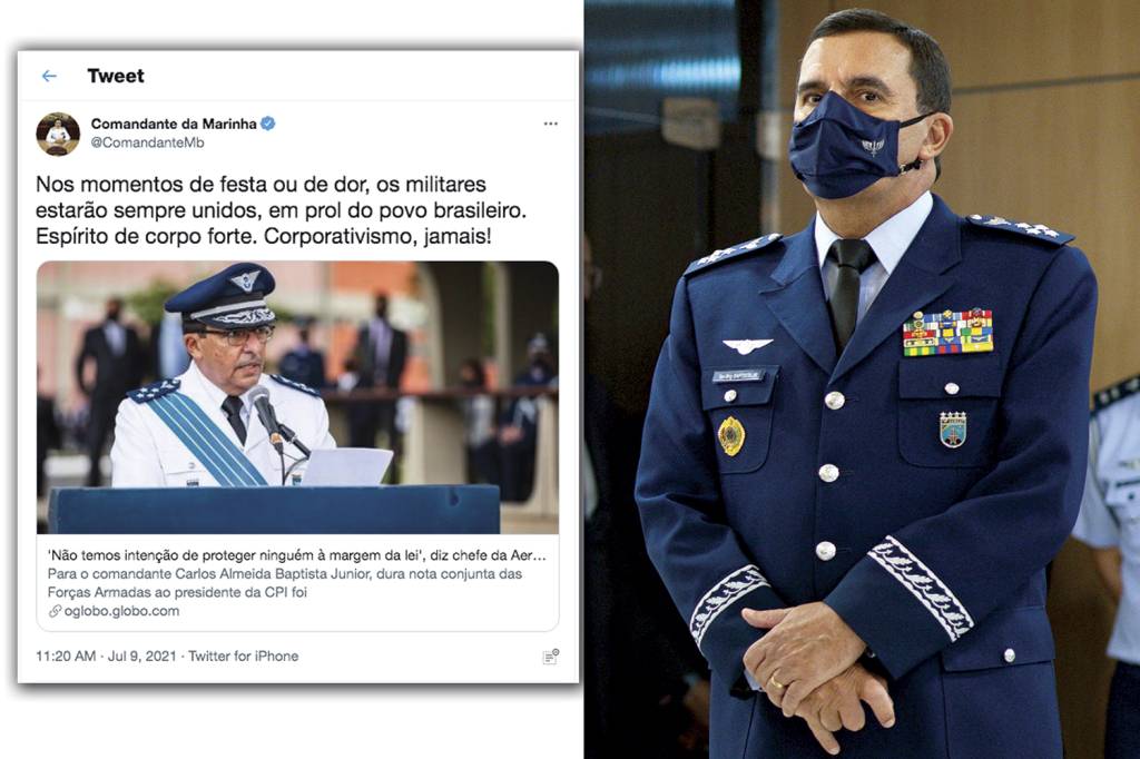 REAÇÃO - O comandante da Aeronáutica, Carlos Baptista, e o tuíte do comandante da Marinha, Almir Garnier: “alerta” -