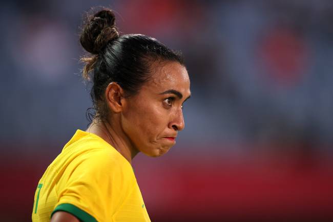 RIFU, MIYAGI, JAPAN - JULY 30: Marta #10 of Team Brazil looks on during the Women's Quarter Final match between Canada and Brazil on day seven of the Tokyo 2020 Olympic Games at Miyagi Stadium on July 30, 2021 in Rifu, Miyagi, Japan. (Photo by Koki Nagahama/Getty Images)