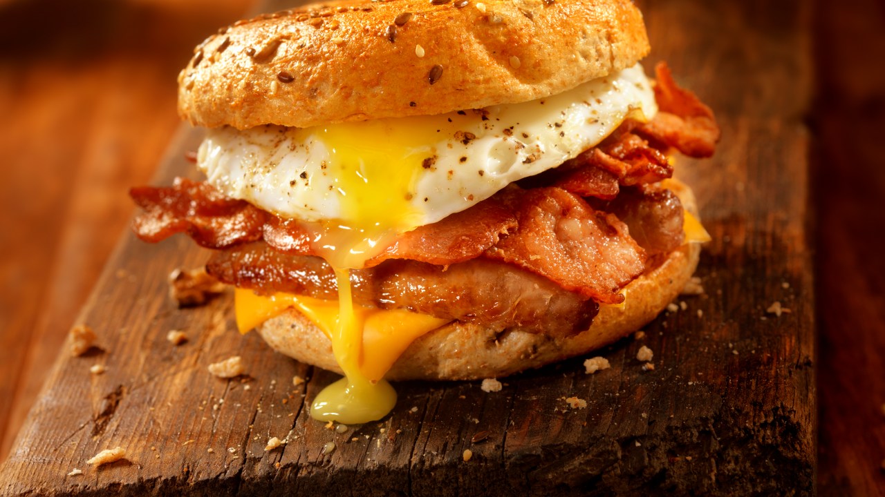 Bagel, Bacon, Sausage and Egg Breakfast Sandwich