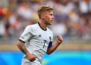 BELO HORIZONTE, BRAZIL - AUGUST 10: Maximilian Meyer of Germany celebrates after scoring the Men's First Round Football Group C match between Germany and Fiji at Mineirao Stadium on August 10, 2016 in Belo Horizonte, Brazil. (Photo by Pedro Vilela/Getty Images)