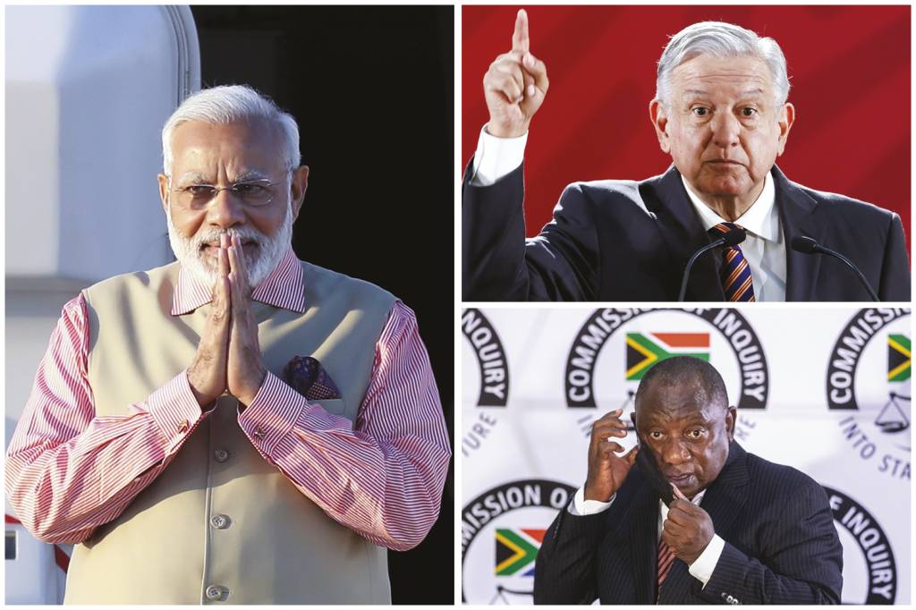QUEM É QUEM - Mundo afora: o primeiro-ministro indiano Modi (à esq.) é suspeito de mandar vigiar adversários, enquanto o mexicano López Obrador (à dir., no alto) e o sul-africano Ramaphosa foram vigiados -