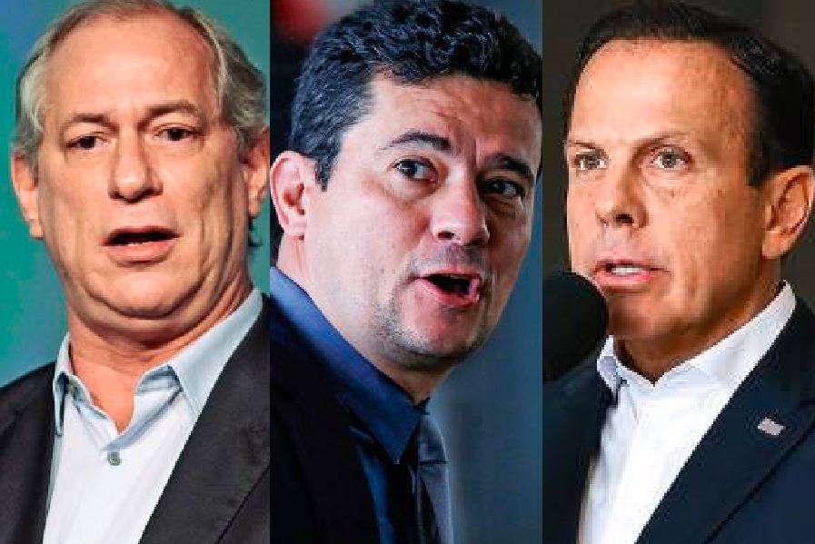 Os presidenciáveis Ciro Gomes (PDT), Sergio Moro (Podemos) e João Doria (PSDB)