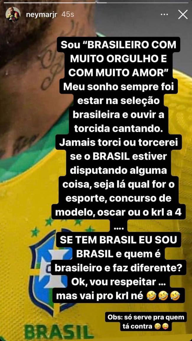 Post de Neymar sobre brasileiros que torcem contra