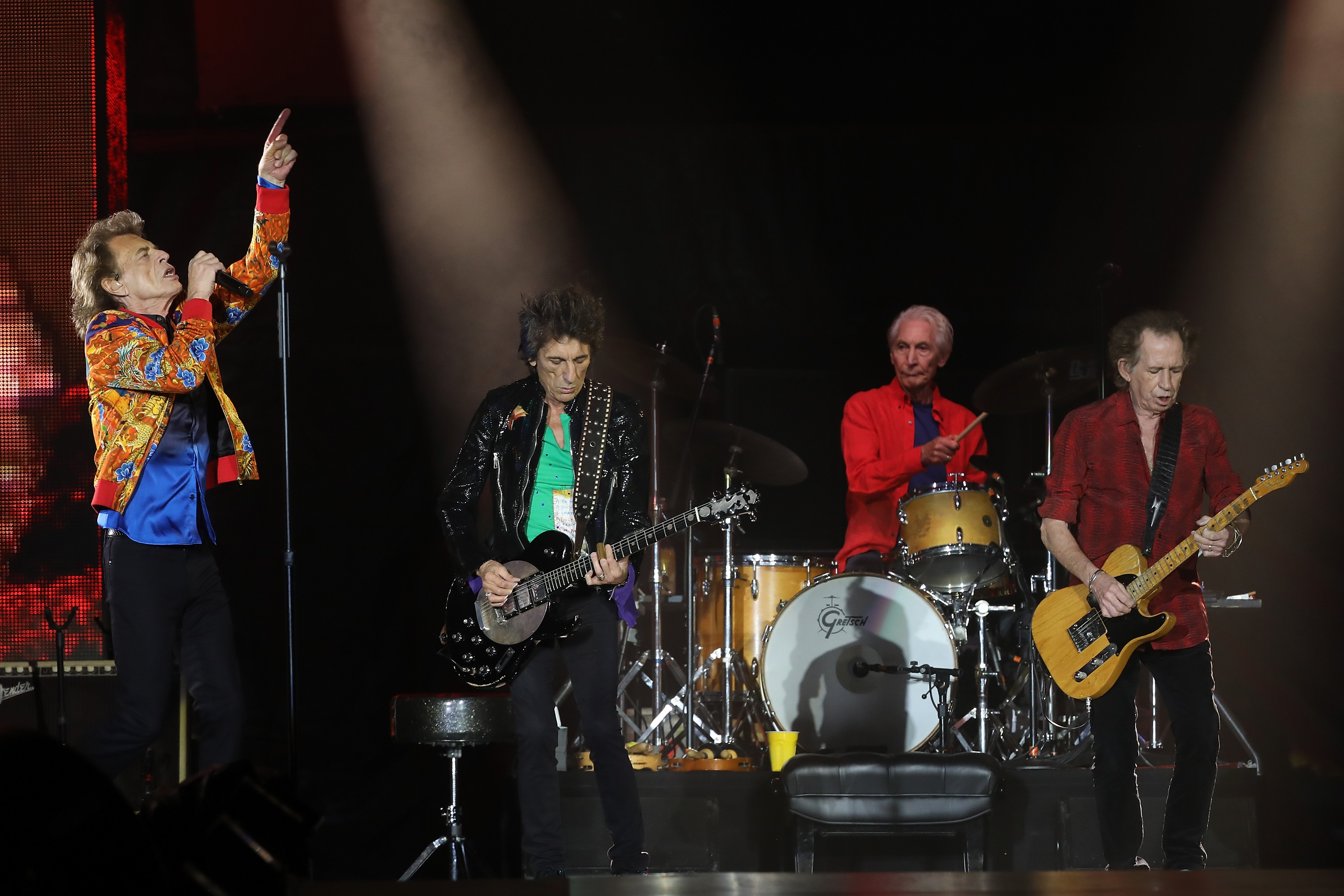 EAST RUTHERFORD, NEW JERSEY - AUGUST 05: (L-R) Mick Jagger, Ron Wood, Charlie Watts, and Keith Richards of The Rolling Stones perform at MetLife Stadium on August 05, 2019 in East Rutherford, New Jersey. (Photo by Taylor Hill/Getty Images)