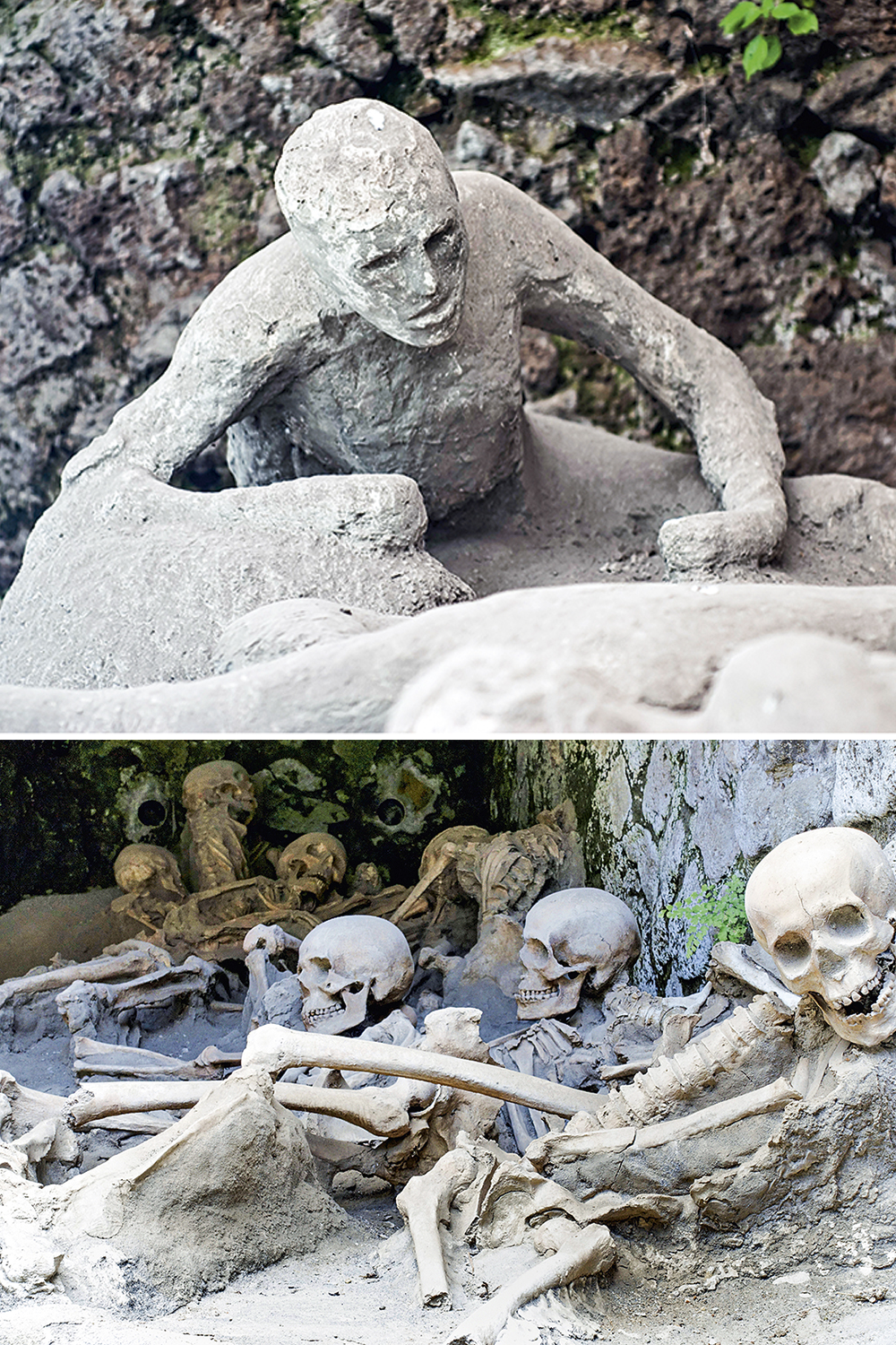 PRESERVAÇÃO VESUVIANA - A forma em gesso de uma das vítimas de Pompeia (acima) e os restos mortais dos habitantes de Herculano (abaixo): resultados diferentes de uma mesma tragédia dois milênios atrás -