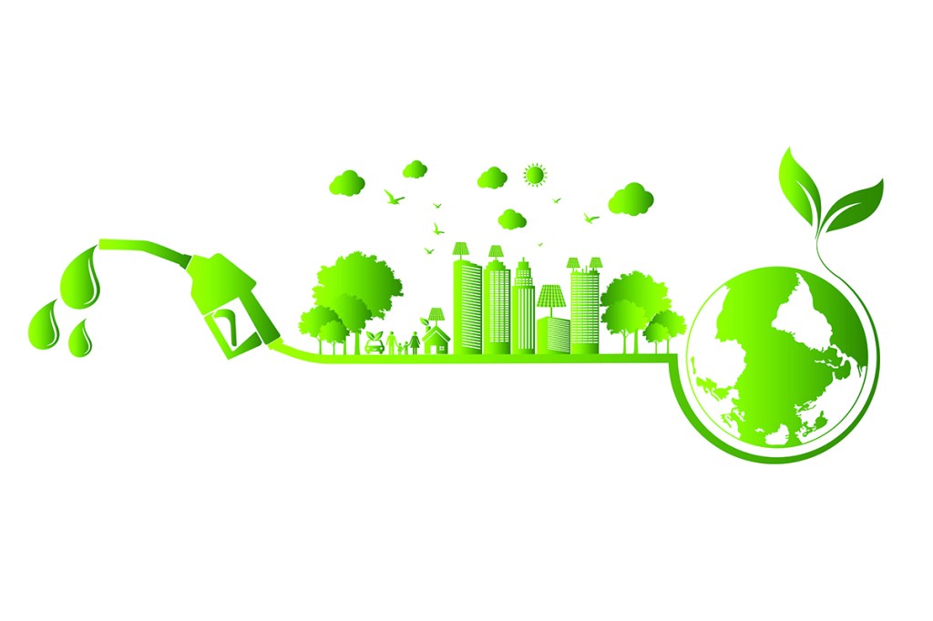 planeta Terra, prédios, árvores e bomba de combustível interligados e na cor verde