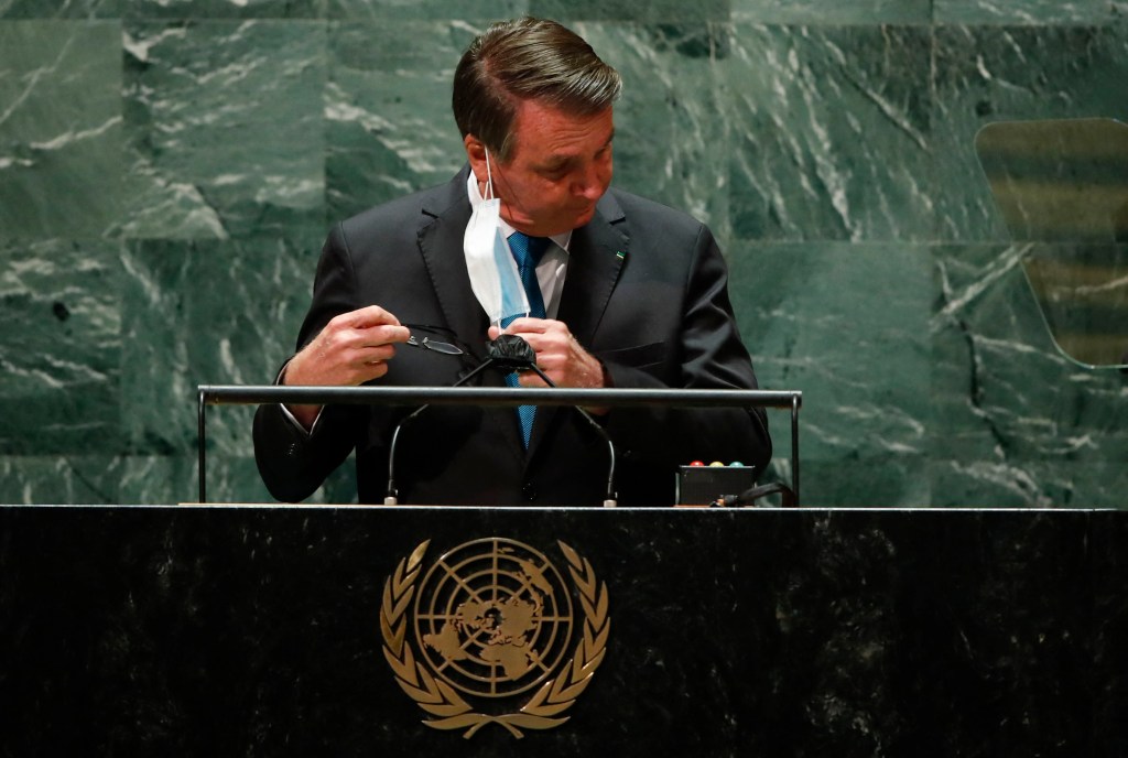 Brazil's President Jair Bolsonaro addresses the 76th Session of the UN General Assembly on September 21, 2021 in New York. - The summit will feature the first speech to the world body by US President Joe Biden, who has described a rising and authoritarian China as the paramount challenge of the 21st century. (Photo by POOL / AFP)