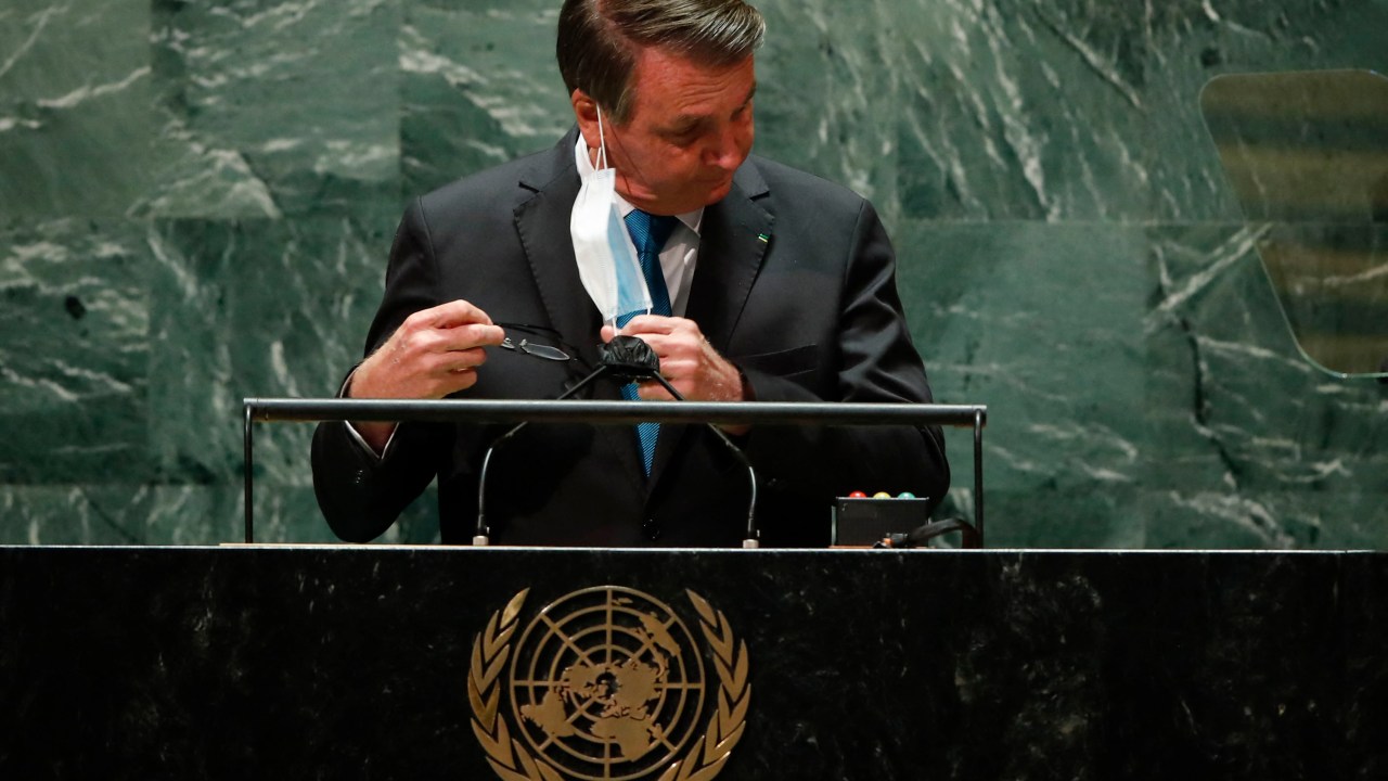Brazil's President Jair Bolsonaro addresses the 76th Session of the UN General Assembly on September 21, 2021 in New York. - The summit will feature the first speech to the world body by US President Joe Biden, who has described a rising and authoritarian China as the paramount challenge of the 21st century. (Photo by POOL / AFP)
