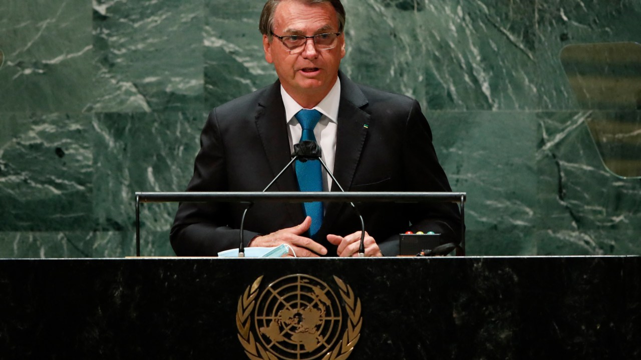 Brazil's President Jair Bolsonaro addresses the 76th Session of the UN General Assembly on September 21, 2021 in New York.
