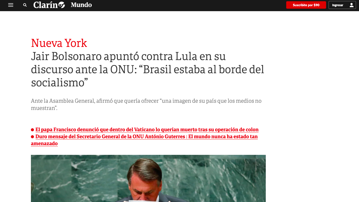 Manchete do jornal argentino Clarín sobre discurso de Bolsonaro.