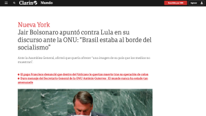 Manchete do jornal argentino Clarín sobre discurso de Bolsonaro.