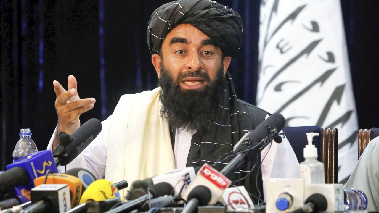 Taliban spokesman Zabihullah Mujahid attends on Aug. 17, 2021, in Kabul the first press conference held by the Islamic militant group since it seized power in Afghanistan. (Photo by Kyodo News via Getty Images)