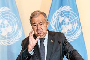 UN Secretary-General Antonio Guterres addresses the media on