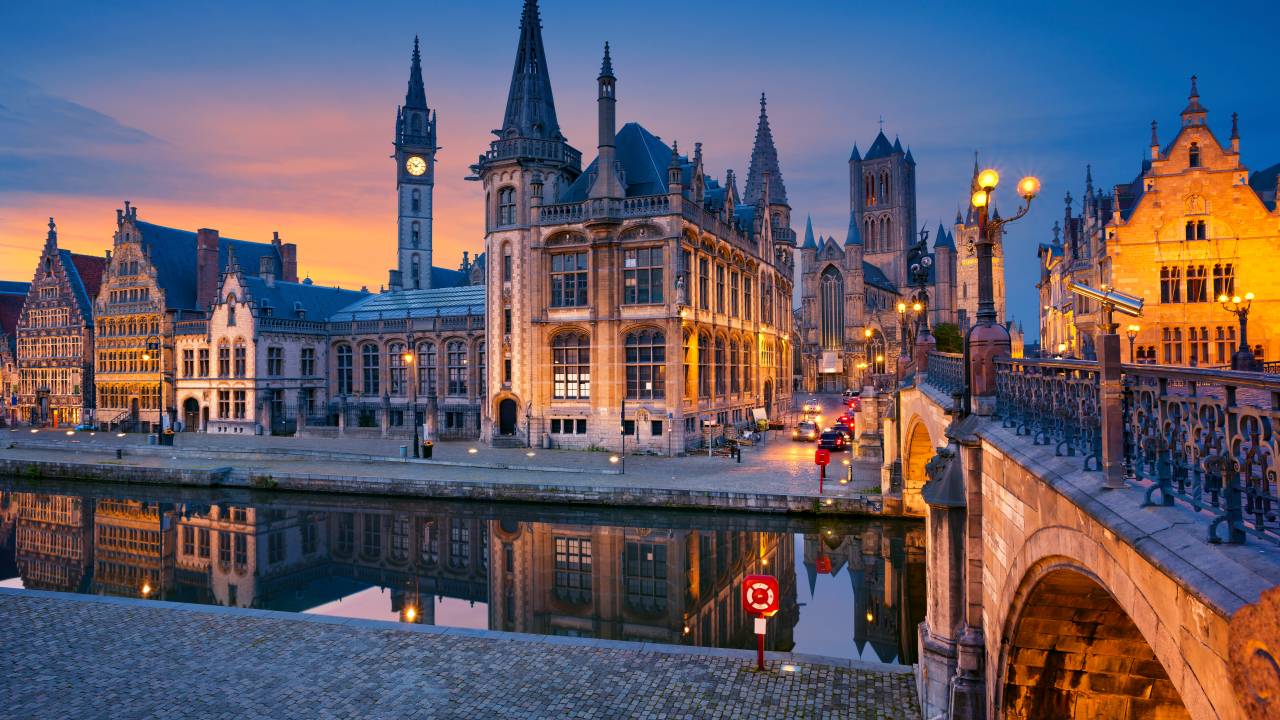 Image of Ghent, Belgium during twilight blue hour.