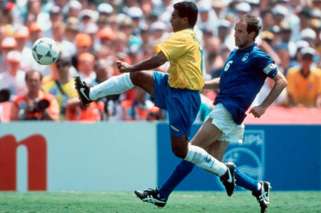 LOS ANGELES, USA - JULY 17: Romario of Brazil and Franco Baresi of Italy in action during the World Cup final match between Brazil and Italy on July 17, 1994 in Los Angeles, USA. (Photo by Lutz Bongarts/Bongarts/Getty Images)