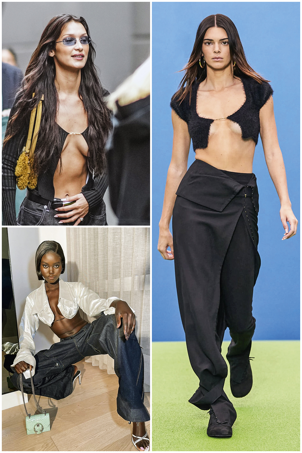 KENDALL-JENNER-JACQUEMUS-NYFW-2021-1.jpeg EM TODOS OS LUGARES - Bella Hadid (acima, à esq.), Kendall Jenner, na passarela, e Adut Akech: as ocasiões são diferentes, mas as peças foram apreciadas pelas mais ousadas -