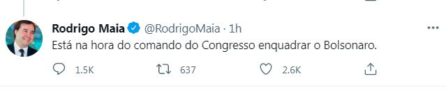 Tuíte do deputado federal Rodrigo Maia