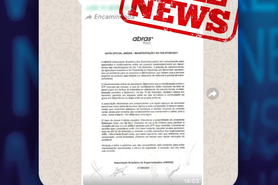 Associação Brasileira de Supermercados diz que é fake a carta em nome da entidade, replicada em grupos de WhatsApp, que afirma haver risco de abastecimento em decorrência de manifestações de 7 de setembro