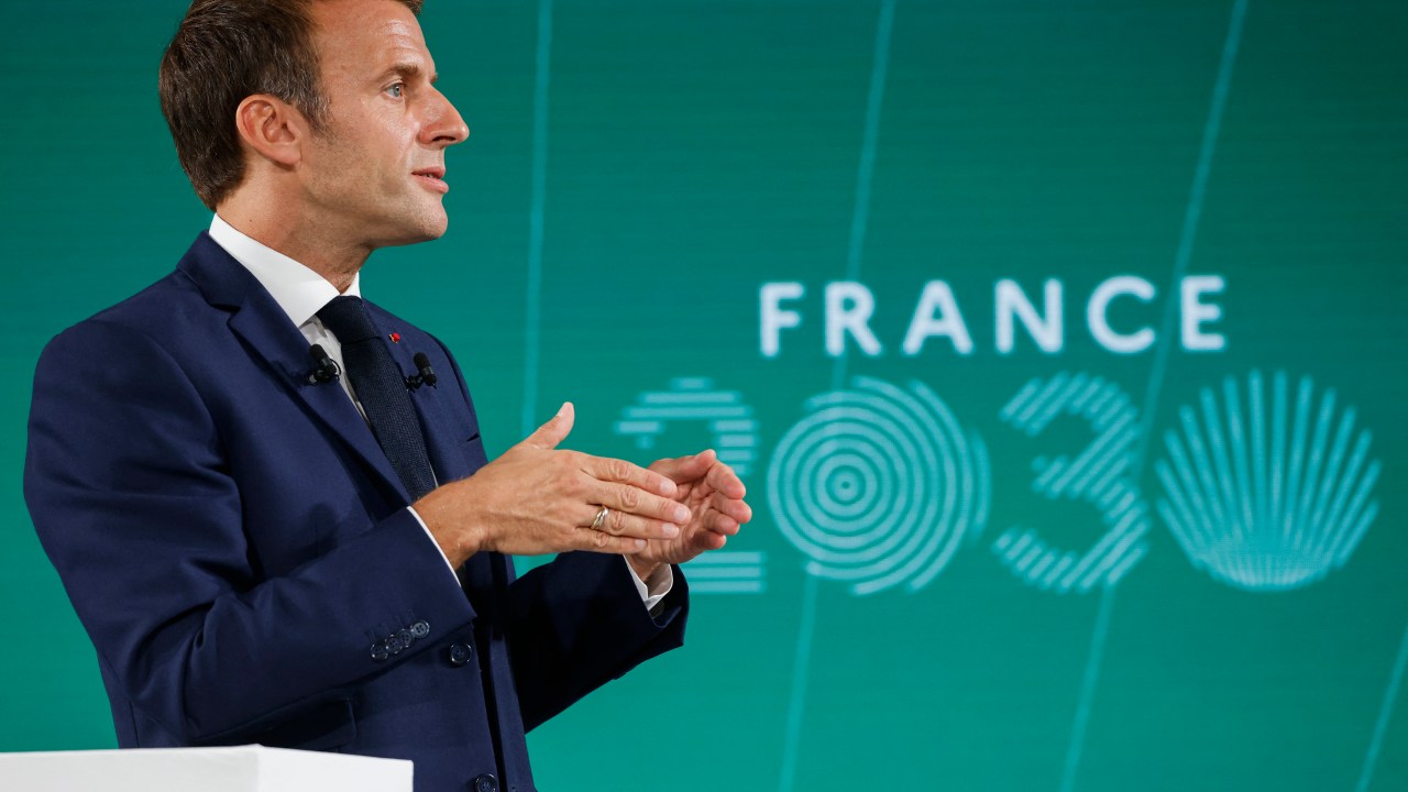 Presidente francês, Emmanuel Macron, apresenta plano "França 2030" em Paris. 12/10/2021