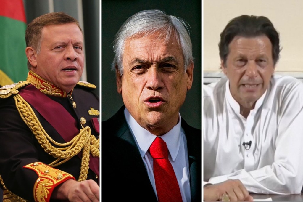Rei Abdullah II, da Jordânia, presidente chileno Sebastián Piñera, e primeiro-ministro do Paquistão, Imran Khan: alguns dos líderes citados na investigação Pandora Papers