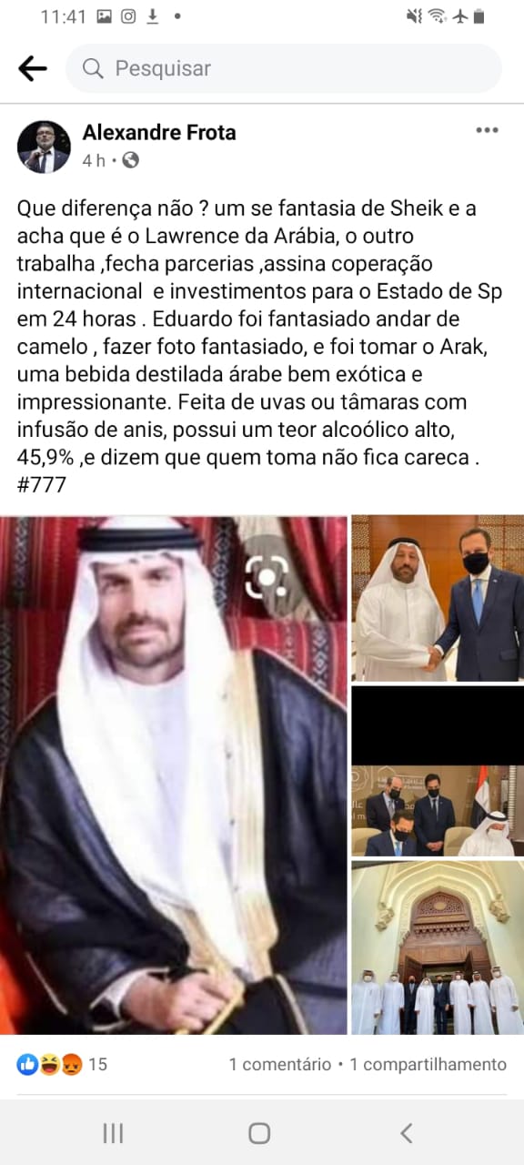 Post no qual Alexandre Frota ironiza viagem de Eduardo Bolsonaro a Dubai