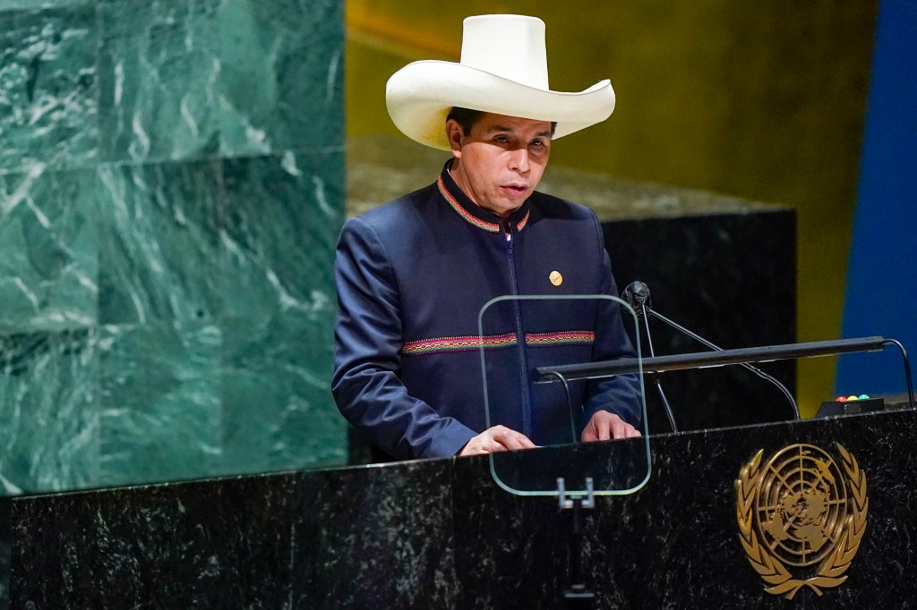 Presidente peruano, Pedro Castillo, discursa durante Assembleia Geral da ONU, em Nova York. 21/09/2021