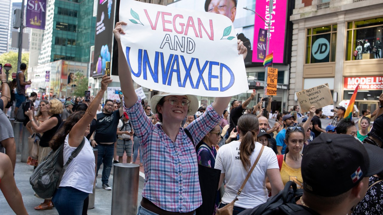 Protesto antivacina em Manhattan, Nova York - 18/09/2021