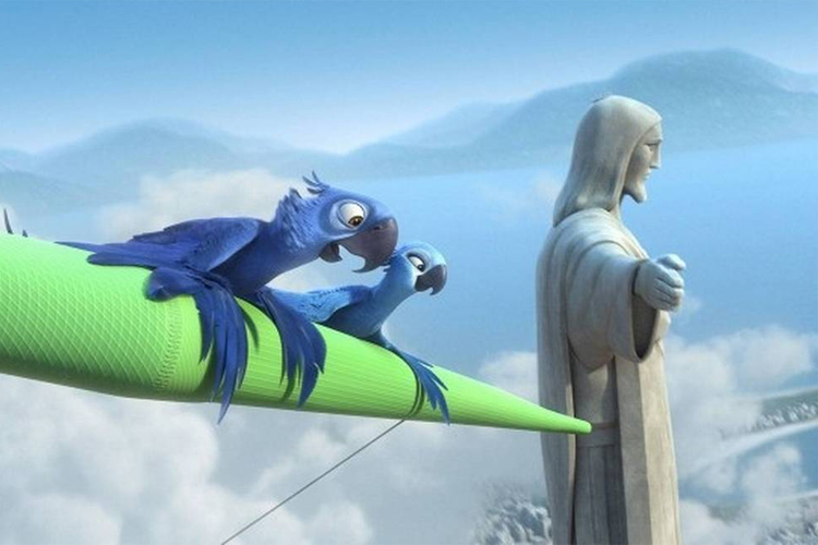 Cena da animação 'Rio' (2011), em que as ararinhas-azuis sobrevoam o Cristo Redentor