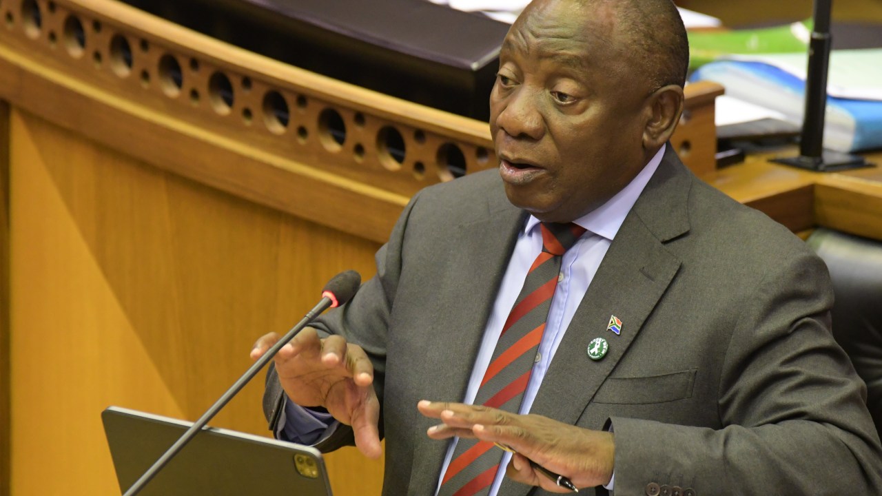 CAPE TOWN, SOUTH AFRICA - NOVEMBER 25: President Cyril Ramaphosa in the National Assembly on November 25, 2021 in Cape Town, South Africa. President Ramaphosa answered questions on Eskom, hung municipal councils and military veterans. (Photo by Jeffrey Abrahams/Gallo Images via Getty Images)