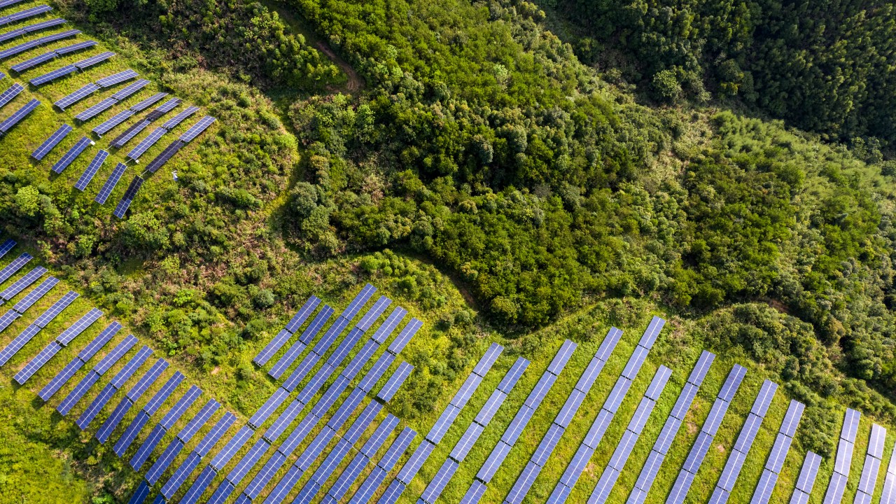 An aerial view of a solar power plant on a sunny day in Fujian Province, China.