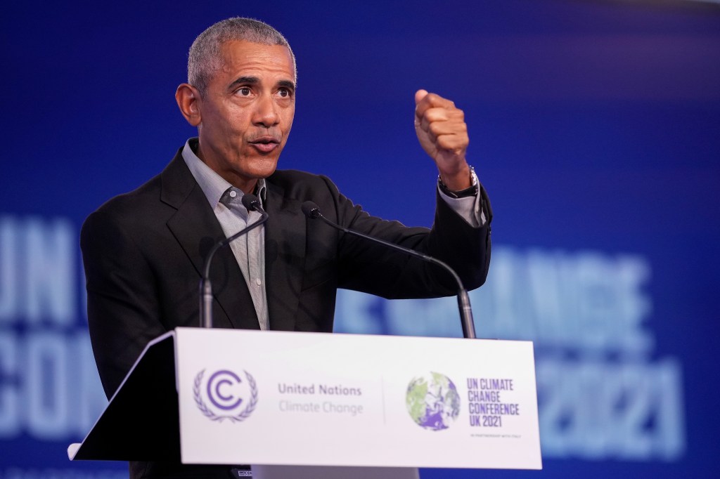 GLASGOW, SCOTLAND - NOVEMBER 08: Former US President Barack Obama delivers a speech while attending day nine of the COP26 at SECC on November 8, 2021 in Glasgow, Scotland. Day Nine of the 2021 climate summit in Glasgow will focus on delivering the practical solutions needed to adapt to climate impacts and address loss and damage. This is the 26th "Conference of the Parties" and represents a gathering of all the countries signed on to the U.N. Framework Convention on Climate Change and the Paris Climate Agreement. The aim of this year's conference is to commit countries to net-zero carbon emissions by 2050. (Photo by Christopher Furlong/Getty Images)