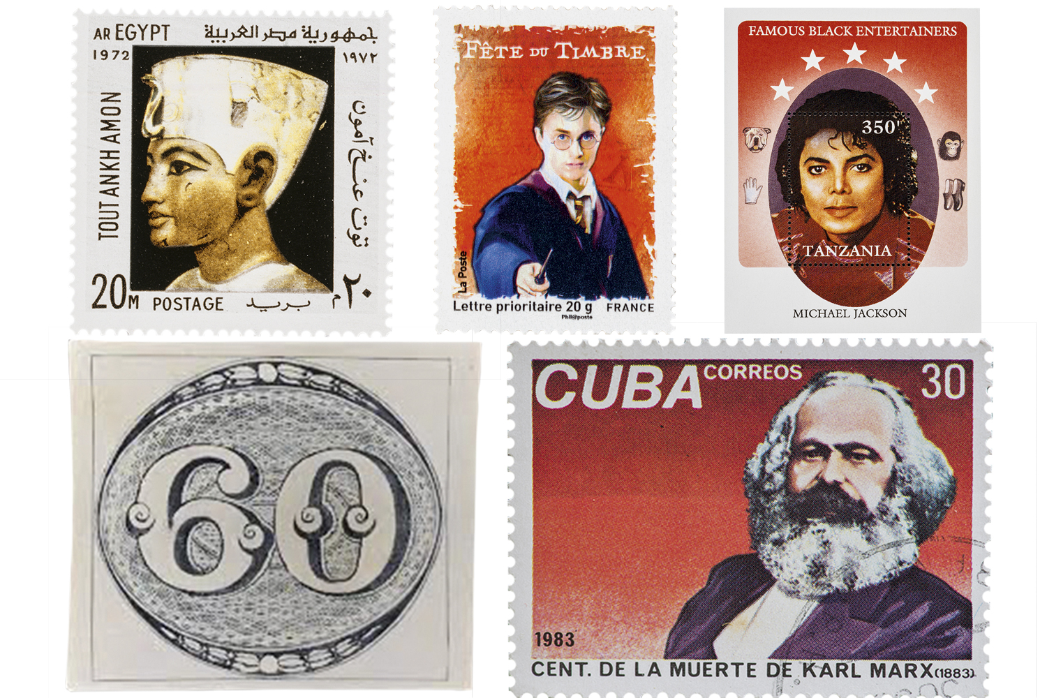 ÍCONES - Homenageados (em sentido horário): Tutancâmon, Harry Potter, Michael Jackson, Olho de Boi (um dos primeiros selos brasileiros) e Karl Marx -