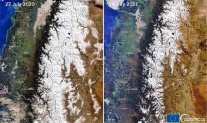 Imagens do satélite Copernicus mostram redução da quantidade de gelo na região da Cordilheira dos Andes