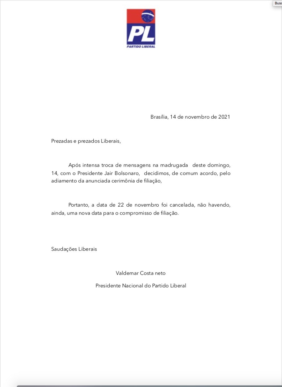 PL cancela filiação de Bolsonaro, marcada para dia 22