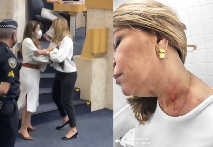 Briga entre vereadoras do Novo em SP: momento em que Cris Monteiro segura Janaína pelo braço (esquerda); vereadora acusa correligionária de agressões no banheiro (direita)