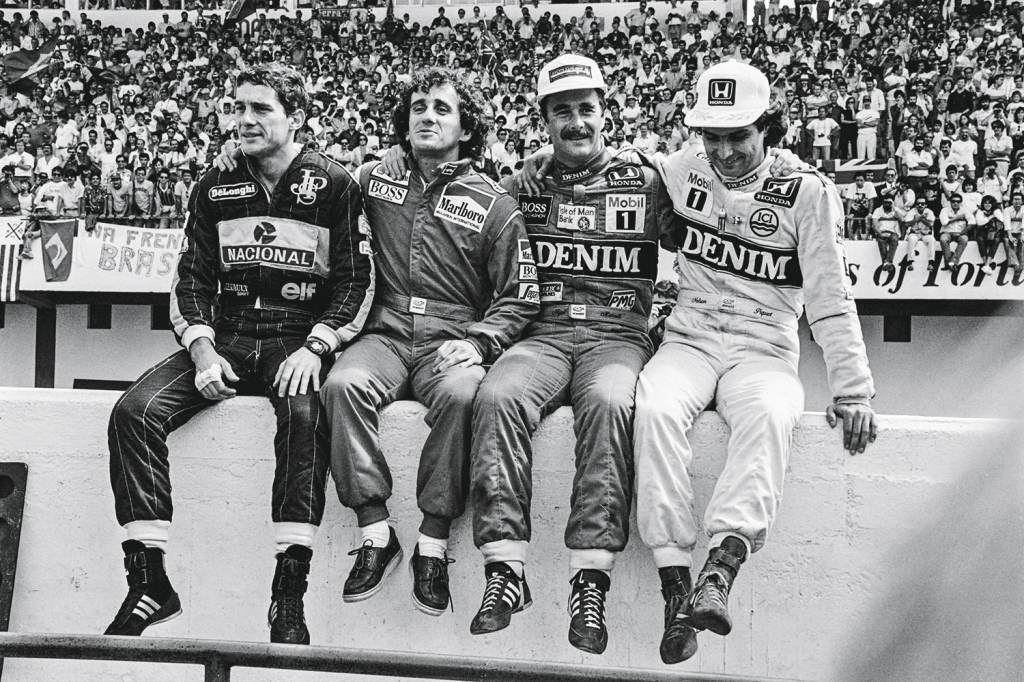 A ERA DE OURO - O retrato dos eternos rivais em Estoril, 1986: Ayrton Senna e Alain Prost (à esq.), Nigel Mansell e Nelson Piquet. Os campeões se detestavam e usavam a animosidade como combustível extra -