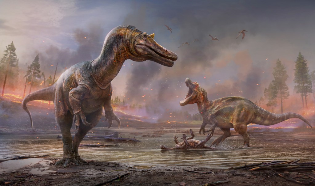 Dois novos dinossauros carnívoros foram identificados pelos pesquisadores. Aqui, vistos em ilustração de Anthony Hutchings -