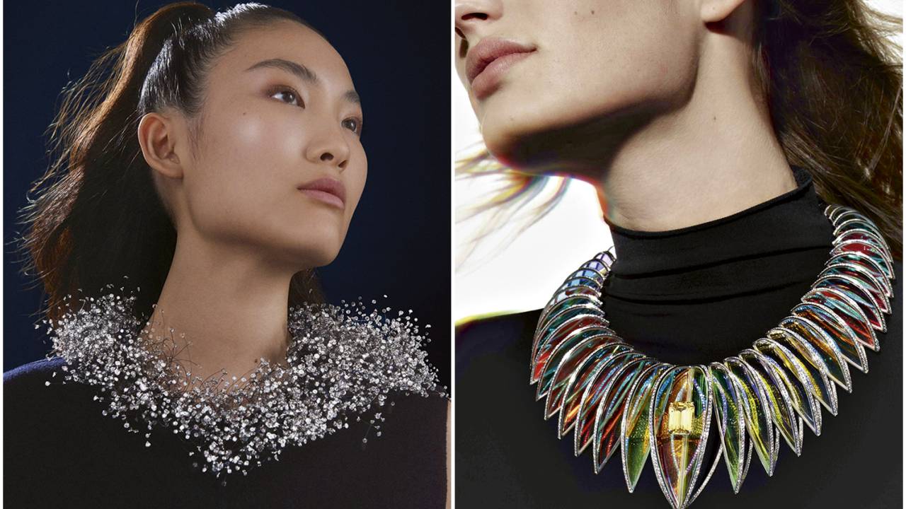 CIÊNCIA PURA - Holografia e algoritmos: a francesa Boucheron usou princípios da física para reproduzir as cores da aurora boreal (no colar à dir.) e a inteligência artificial na produção da peça com mais de 4 000 diamantes -