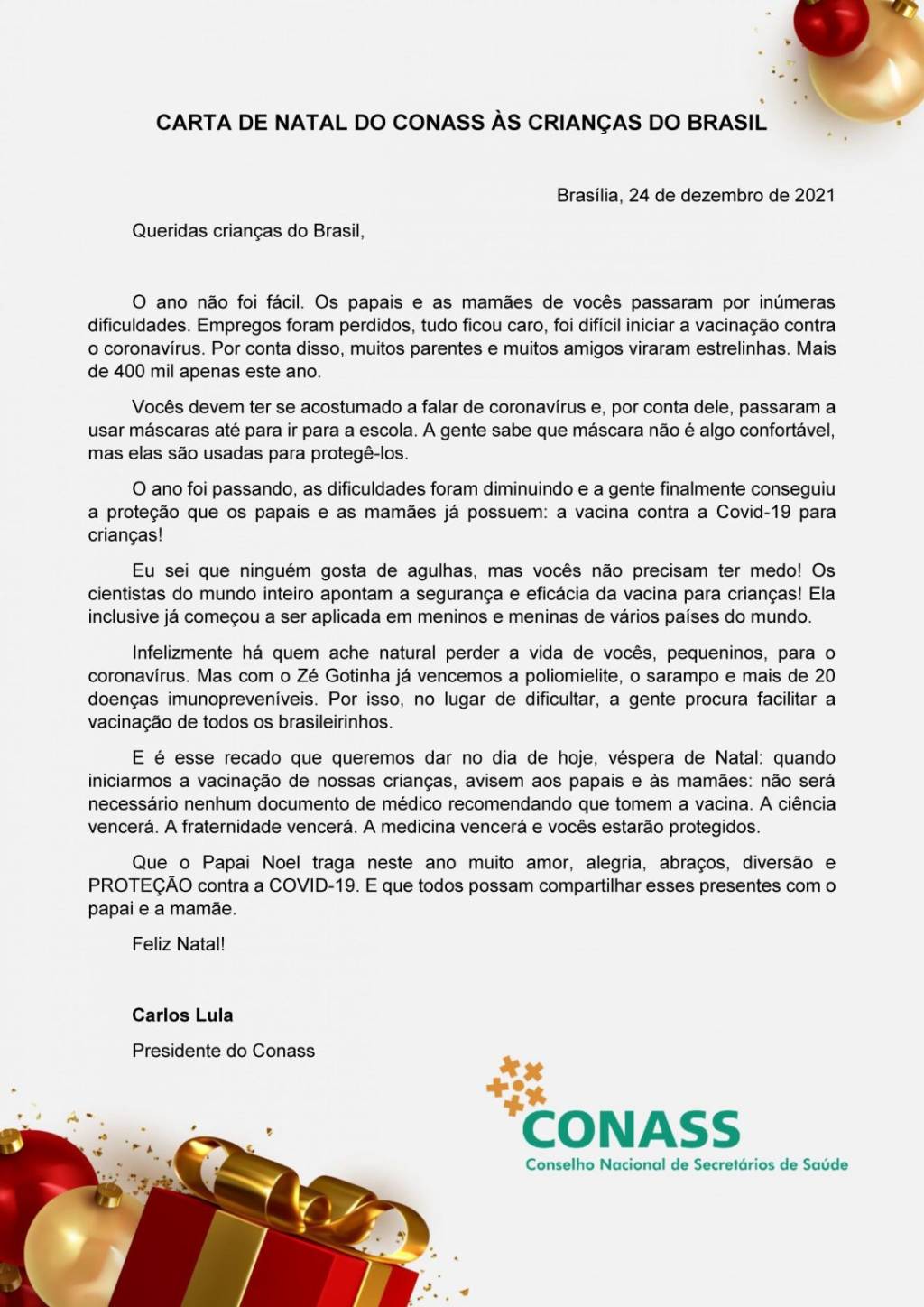 Carta assinada pelo presidente do Conass, Carlos Eduardo de Oliveira Lula, endereçada às crianças -